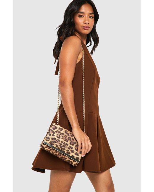 Boohoo Brown Leopard Structured Hardware Detail Clutch Bag And Chain