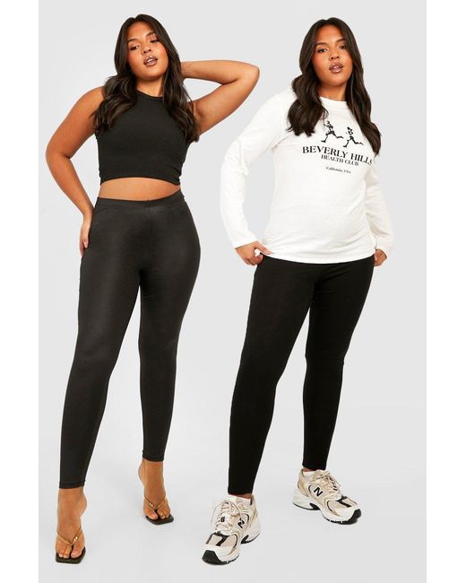 Pack De 2 Leggings Plus: Básico Y De Cuero Sintético Boohoo de color Black