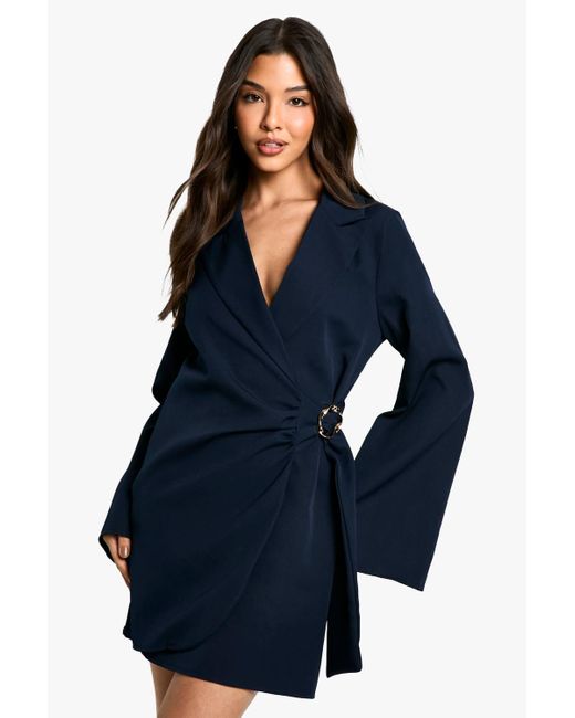 Boohoo Blue Buckle Detail Tie Waist Tailored Blazer Dress