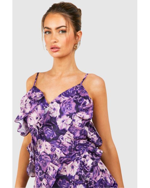 Floral Print Ruffle Detail Maxi Dress Boohoo de color Purple