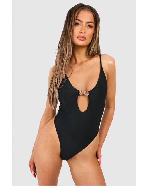 Boohoo Black Shell Trim Cut Out Strappy Bathing Suit
