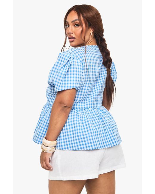 Boohoo Blue Plus Tie Front Gingham Top