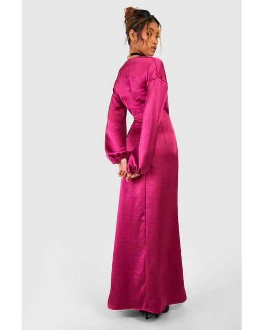 Boohoo Pink Satin Cut Out Blouson Sleeve Maxi Dress