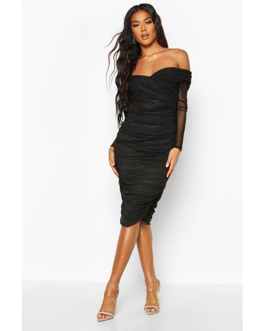 Boohoo Off Shoulder Ruched Mesh Bodycon ...