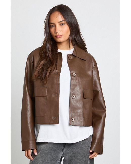 Boohoo Brown Collared Button Up Pu Jacket