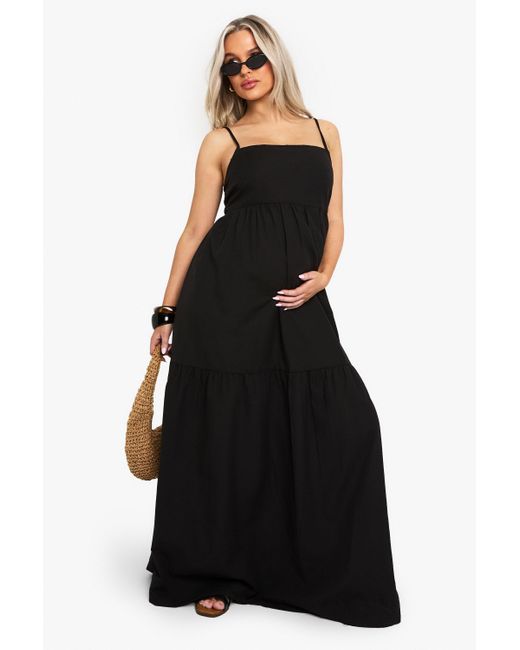 Boohoo Black Maternity Tiered Linen Look Strappy Maxi Dress
