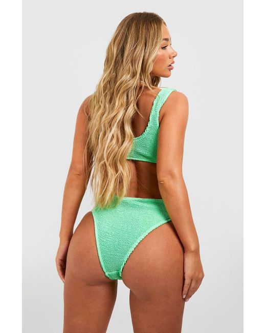 Boohoo Green Premium Crinkle High Leg Bikini Brief