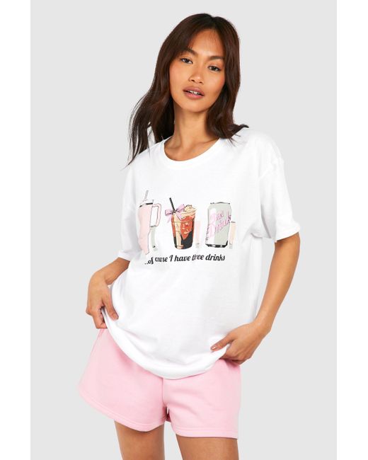 Three Drinks Slogan Oversized T-Shirt Boohoo de color White