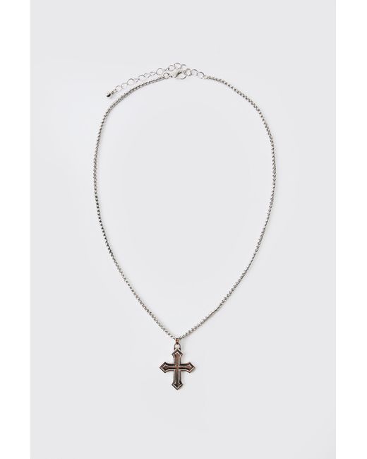 BoohooMAN Silberne Kette mit Gothic Kreuz in Blue für Herren