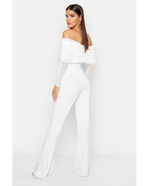 Boohoo Mesh Off The Shoulder Ruched Jumpsuit in White | Lyst