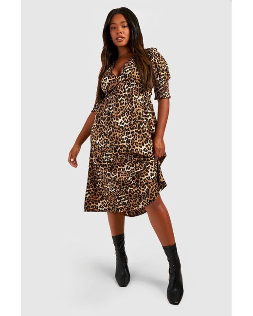 Boohoo Brown Plus Leopard Shirred Cuff Midi Dress