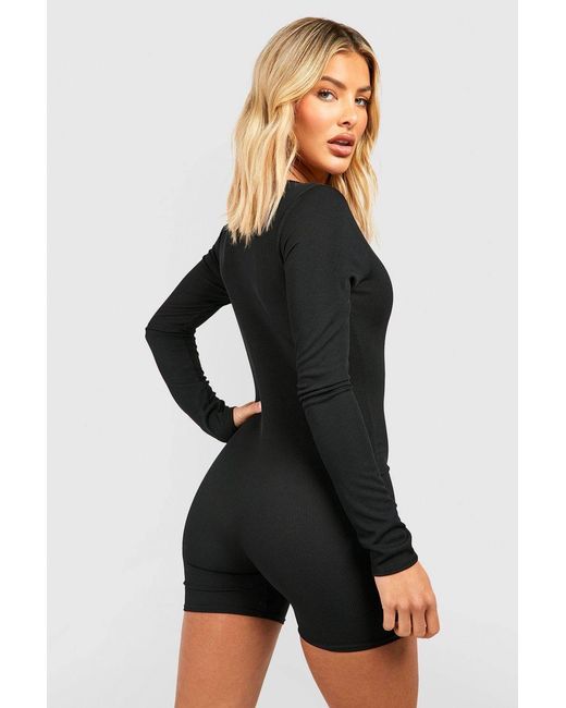 Boohoo Black Basic Long Sleeve Contour Rib Unitard