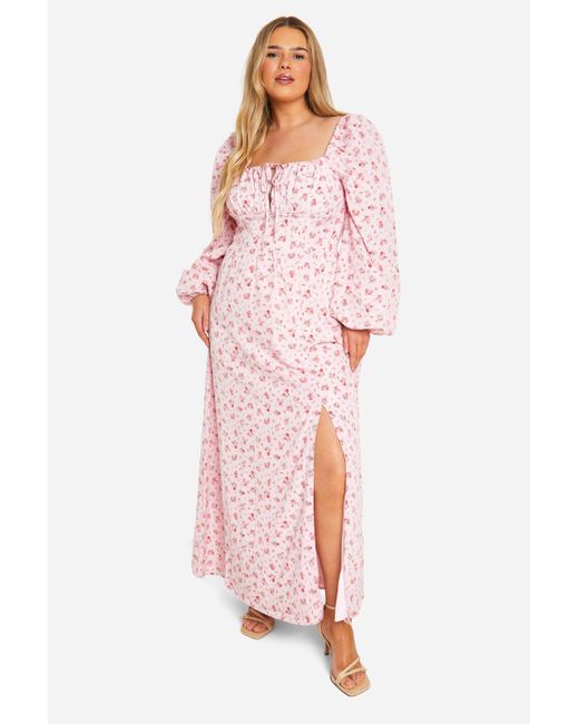 Boohoo Pink Plus Ditsy Balloon Sleeve Milkmaid Maxi Dress