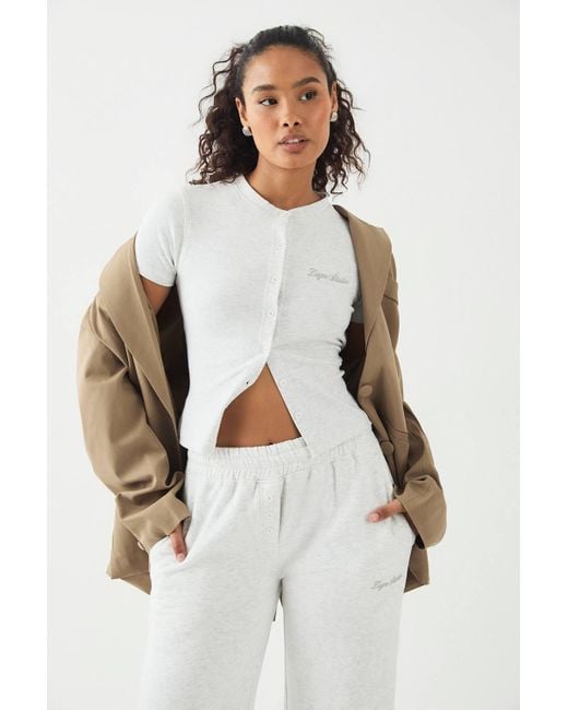 DSGN Studio White Script Embroidery Ribbed Button Through Short Sleeve Top