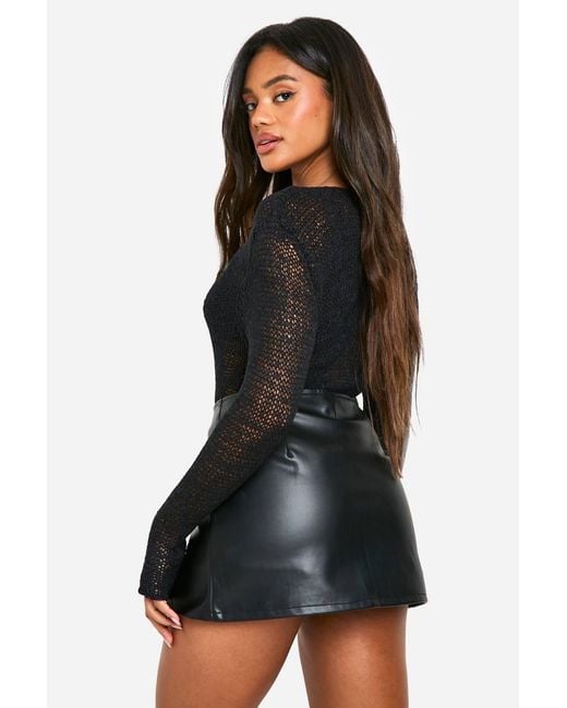 Boohoo Black Pu Split Hem Skort