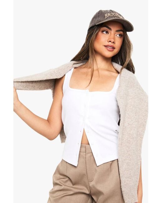 Boohoo White Rib Button Through Square Neck Top