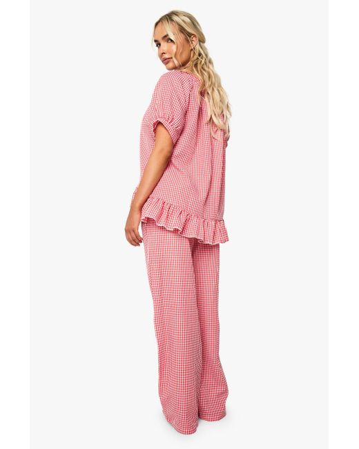 Boohoo Red Gingham Oversized Frill Detail Short Sleeve Shirt & Pants Pyjama Set