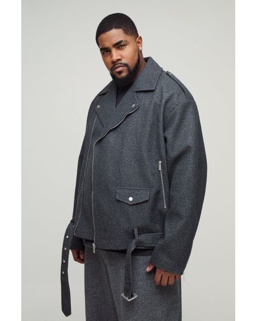 Boohoo Gray Plus Oversized Wool Look Biker Jacket