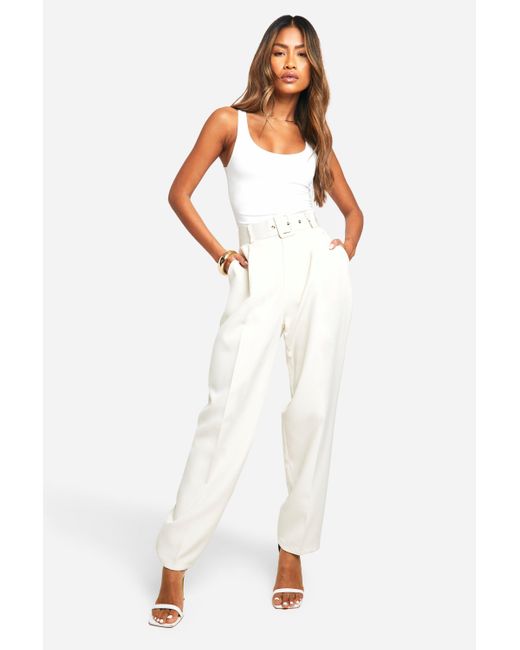 Boohoo White Self Fabric Belted Ankle Grazer Trouser
