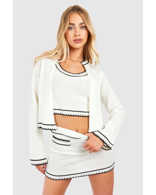 Boohoo White Contrast Stitch 3 Piece Knitted Cardigan, Crop Top And Mini Skirt Set