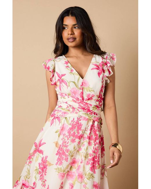 Oasis Pink Petite Printed Twist Front Detail Tiered Midi Dress