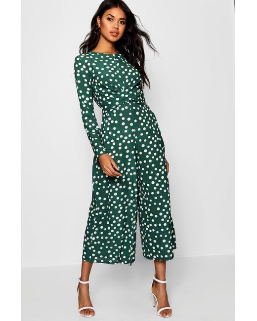 twist front polka dot jumpsuit