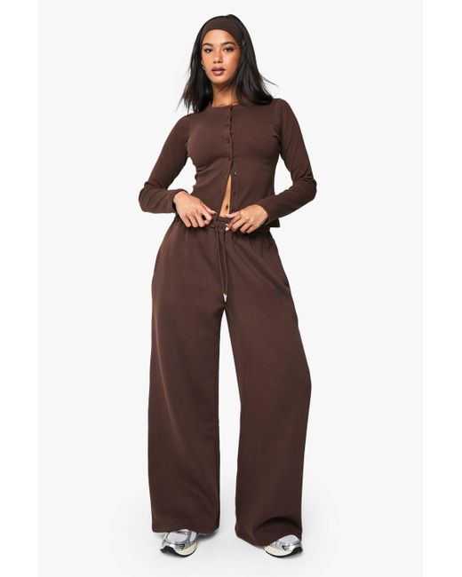 Boohoo Brown Rib Button Through Long Sleeve Top Tracksuit