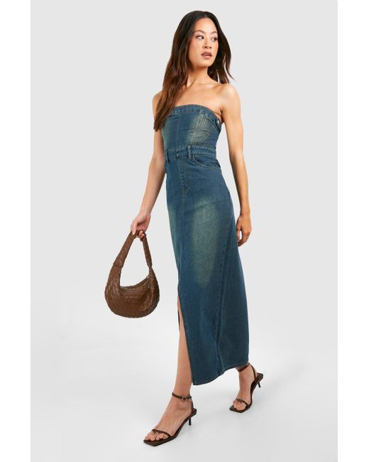 Boohoo Blue Tall Bleached Denim Bandaeu Front Split Midaxi Dress