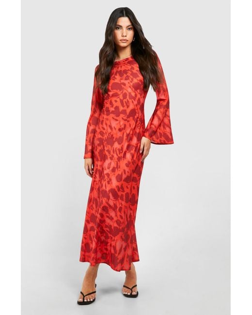 Boohoo Red Floral Flare Sleeve Maxi Dress