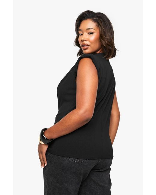 Boohoo Black Plus Cowl Neck Crepe Shoulder Pad Blouse