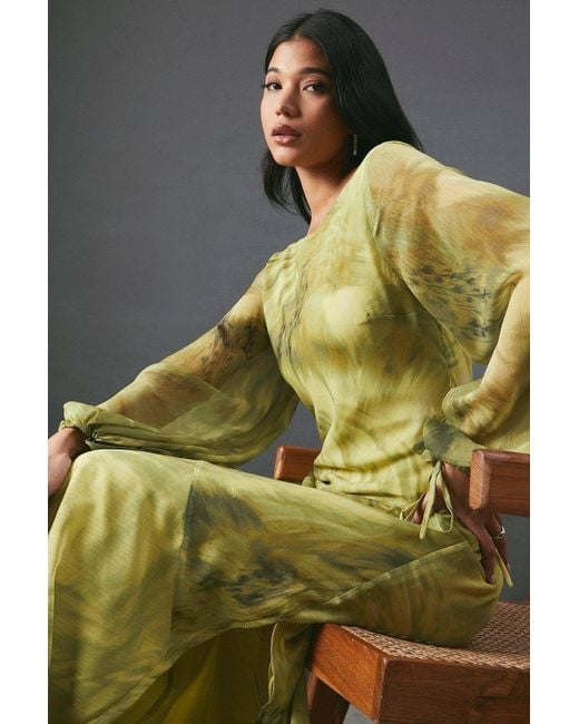 Warehouse Gray Chiffon Feather Print Volume Sleeve Maxi Dress