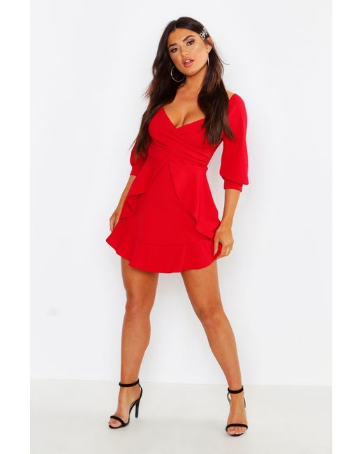 ruffle detail wrap skater dress