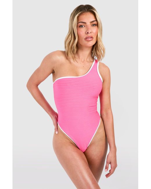 Boohoo Pink Contrast Binding Textured One Shoulder Bathing Suit