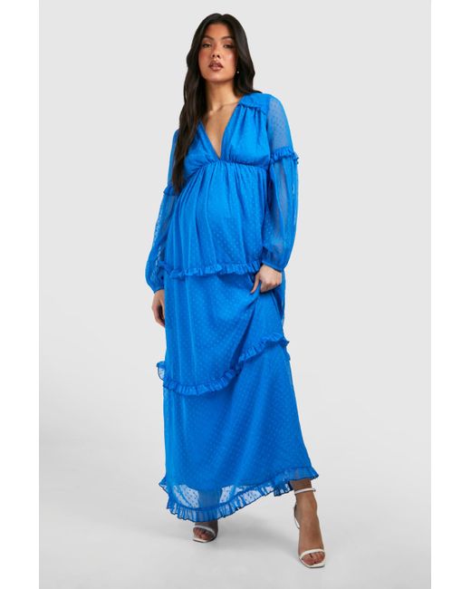 Boohoo Blue Maternity Dobby Mesh Ruffle Maxi Dress