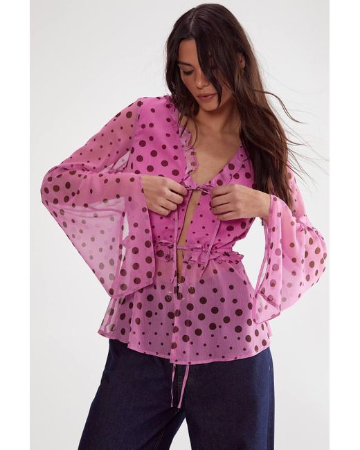 Nasty Gal Pink Polka Dot Ruffle Tie Front Fluted Sleeve Blouse