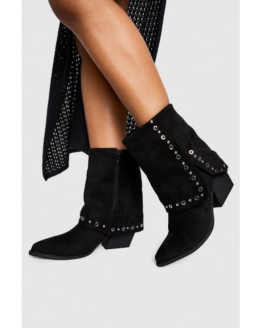 Boohoo Black Fold Over Calf High Studded Western Boots