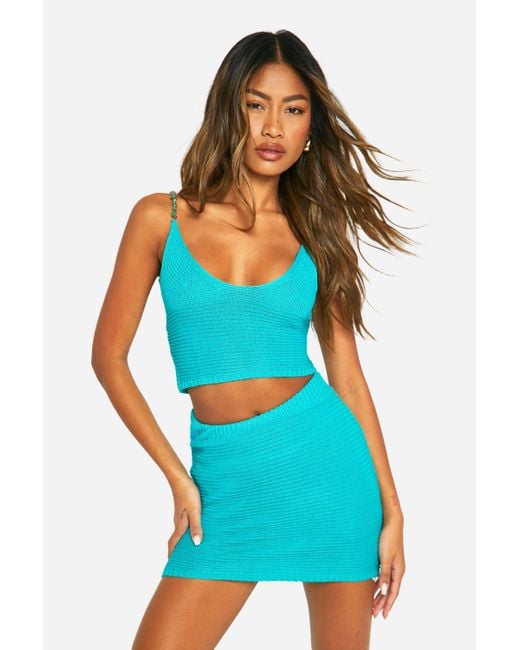 Boohoo Trim Strap Detail Crochet Crop Top And Mini Skirt Set in Blue Lyst