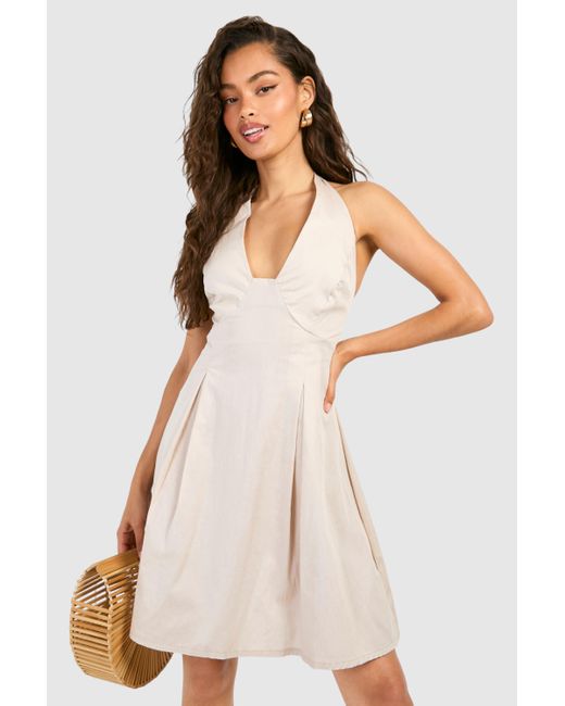 Boohoo White Cotton Tie Shoulder Pleated Skater Dress