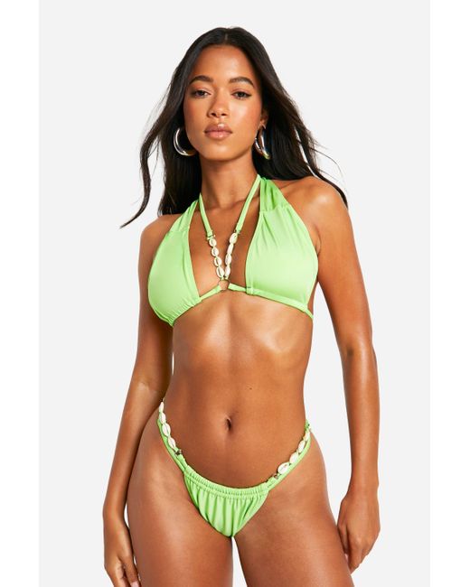 Boohoo Green Shell Trim Ruched Tanga Bikini Brief