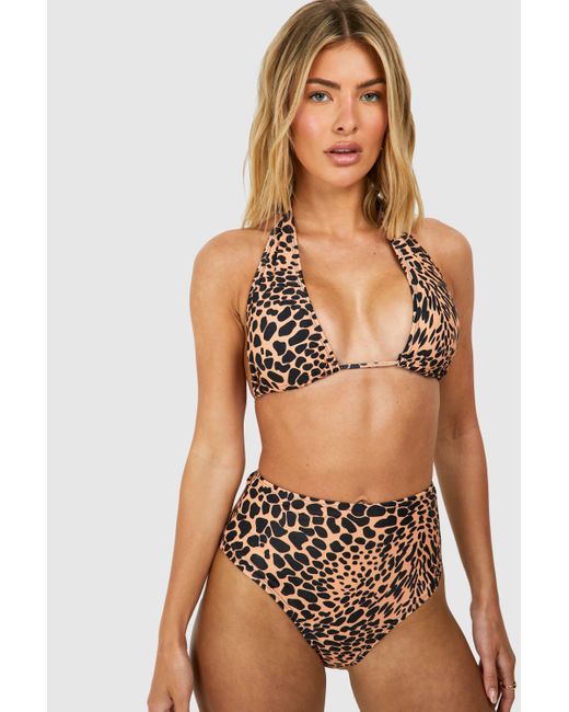 Boohoo Brown Leopard Tummy Control High Waisted Bikini Set