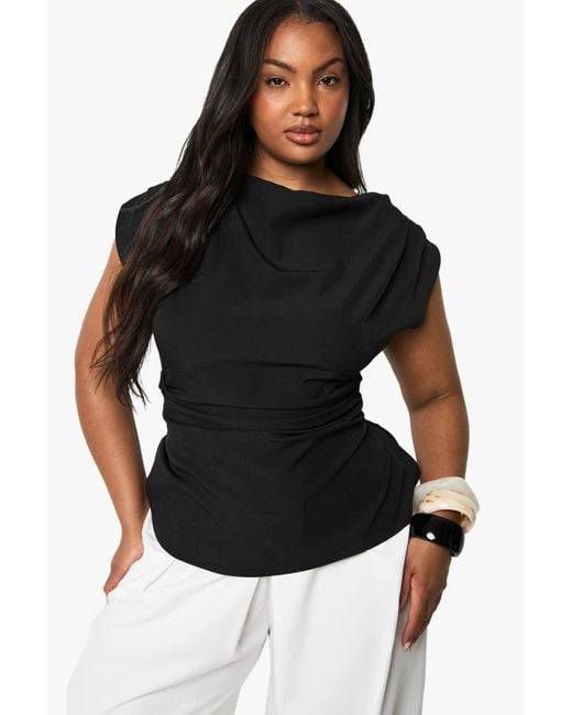 Boohoo Black Plus Cowl Front Asymetric Top