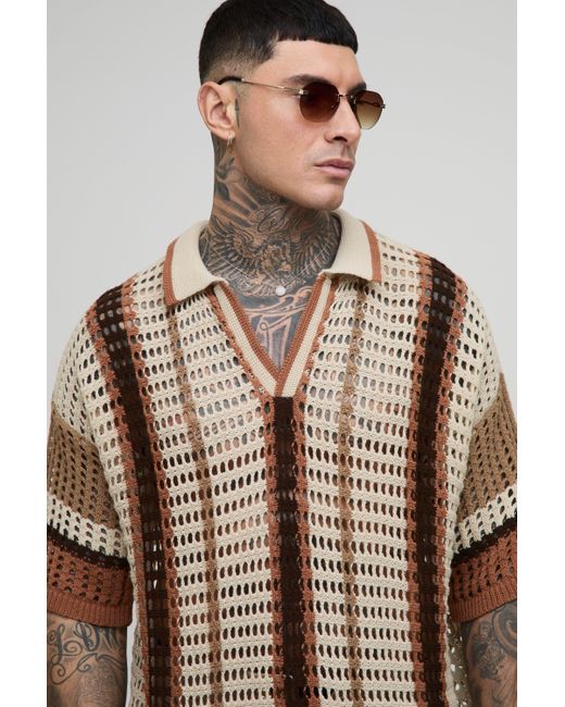 BoohooMAN Brown Tall Boxy Oversized Stripe Open Knit Polo for men