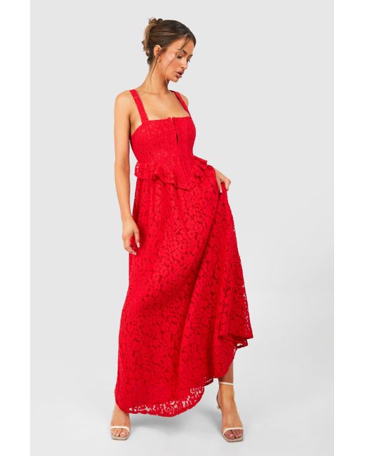 Boohoo Red Corset Lace Maxi Dress