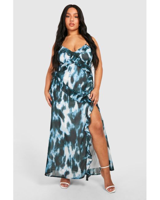 Boohoo Blue Plus Woven Abstract Print Ruffle Detail Strappy Maxi Dress