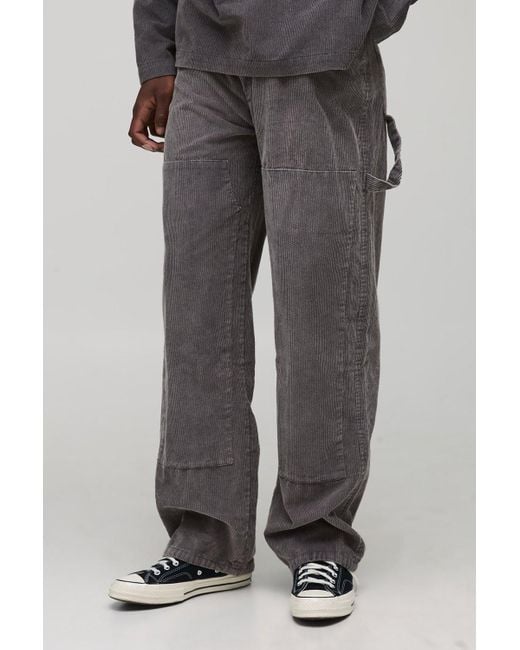 BoohooMAN Tall Washed Cord Relaxed Fit Carpenter Trousers in Gray für Herren