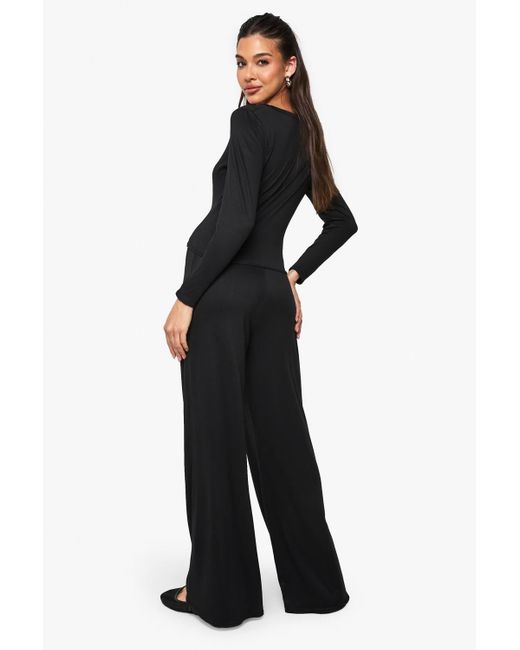 Boohoo Black Supersoft V Neck Binding Long Sleeve Top And Wide Leg Trouser Set
