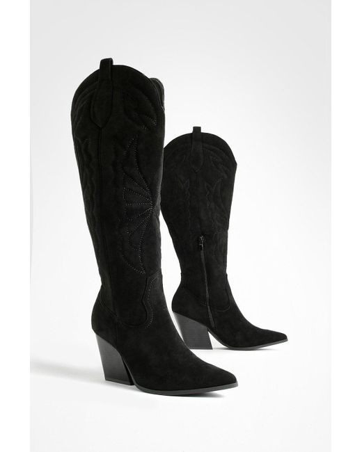 Boohoo Black Embroidered Detail Western Cowboy Boots