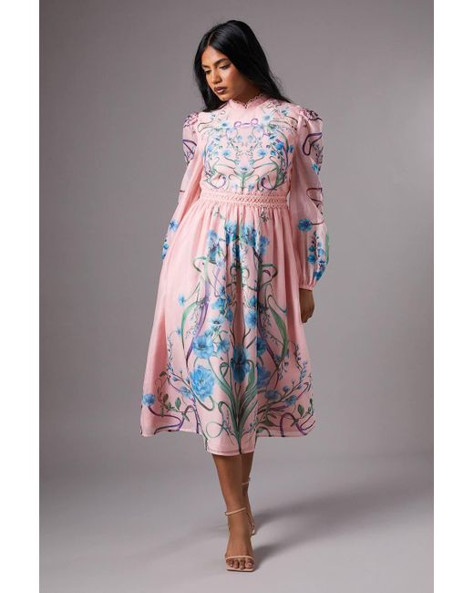 Coast Gray Petite Burnout Printed Midi Dress With Blouson Sleeve