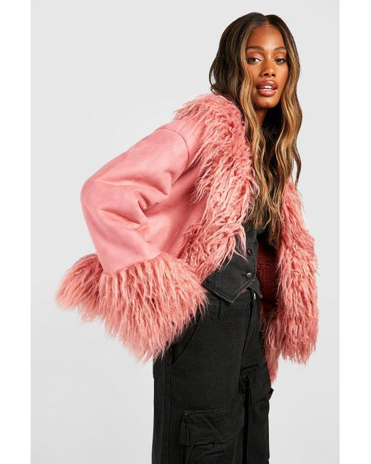 Boohoo Pink Faux Fur Trim Short Suedette Coat