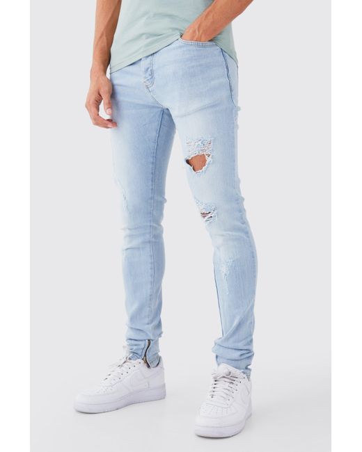 BoohooMAN Blue Mens Skinny Stretch Stacked All Over Slash Jeans for men